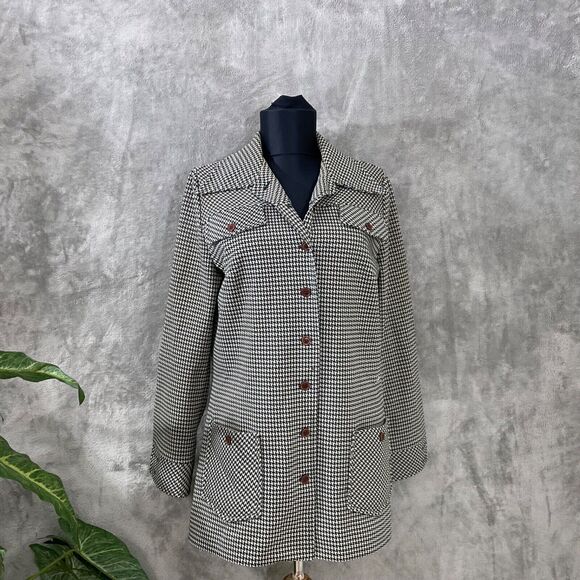 Vintage 70s women’s Medium Houndstooth Shirt Jacket Button Front Pockets Shacket - Picture 2 of 13